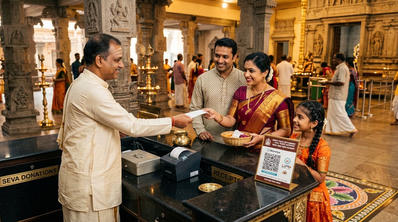 Devotee receiving printed thermal seva receipt at temple counter